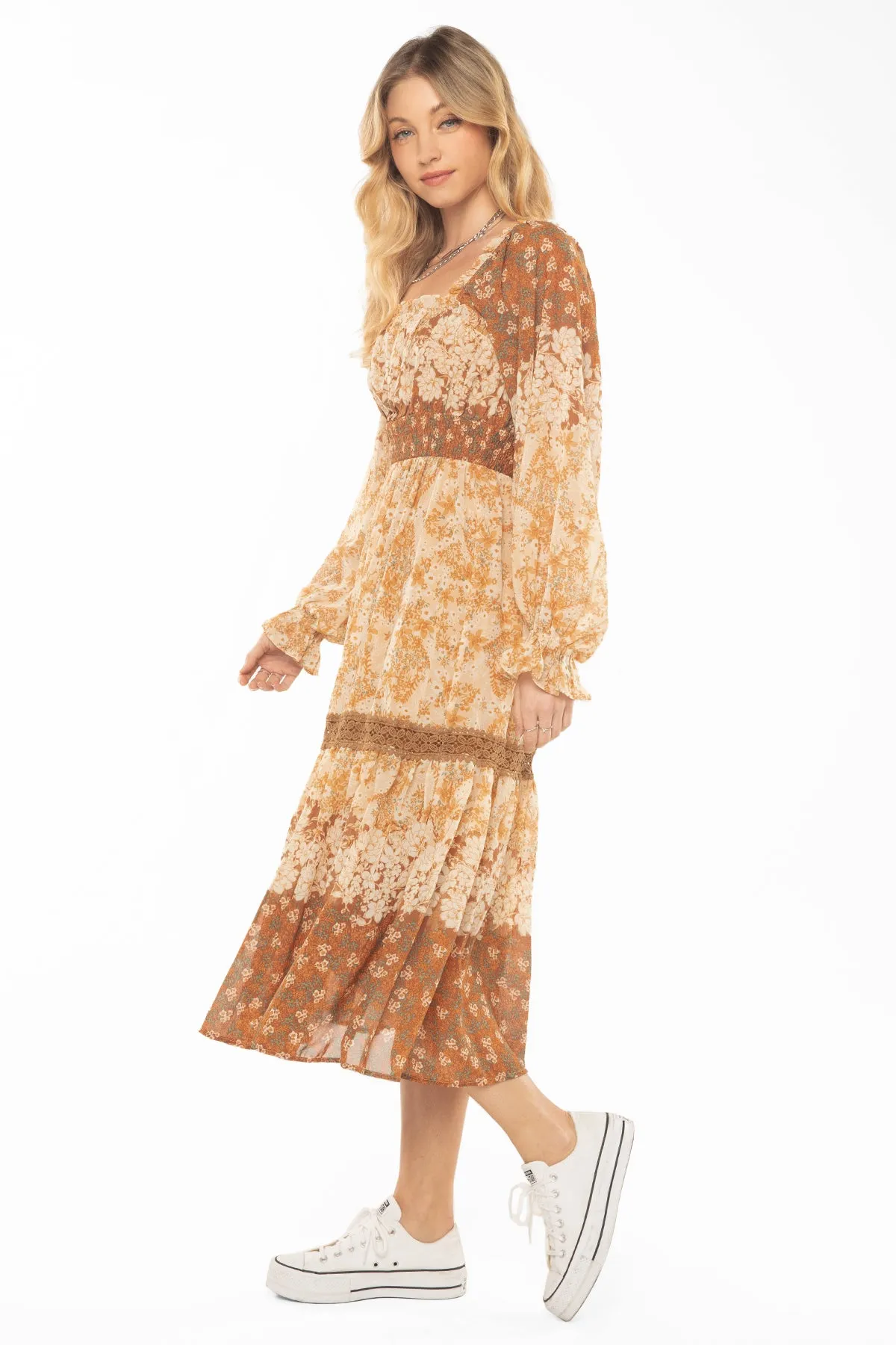 Mixed Orange Floral Smocked Dress