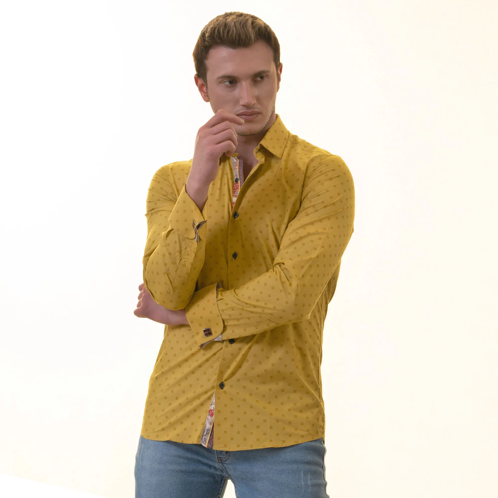 Mustard Printed inside Paisley Mens Slim Fit Designer French Cuff