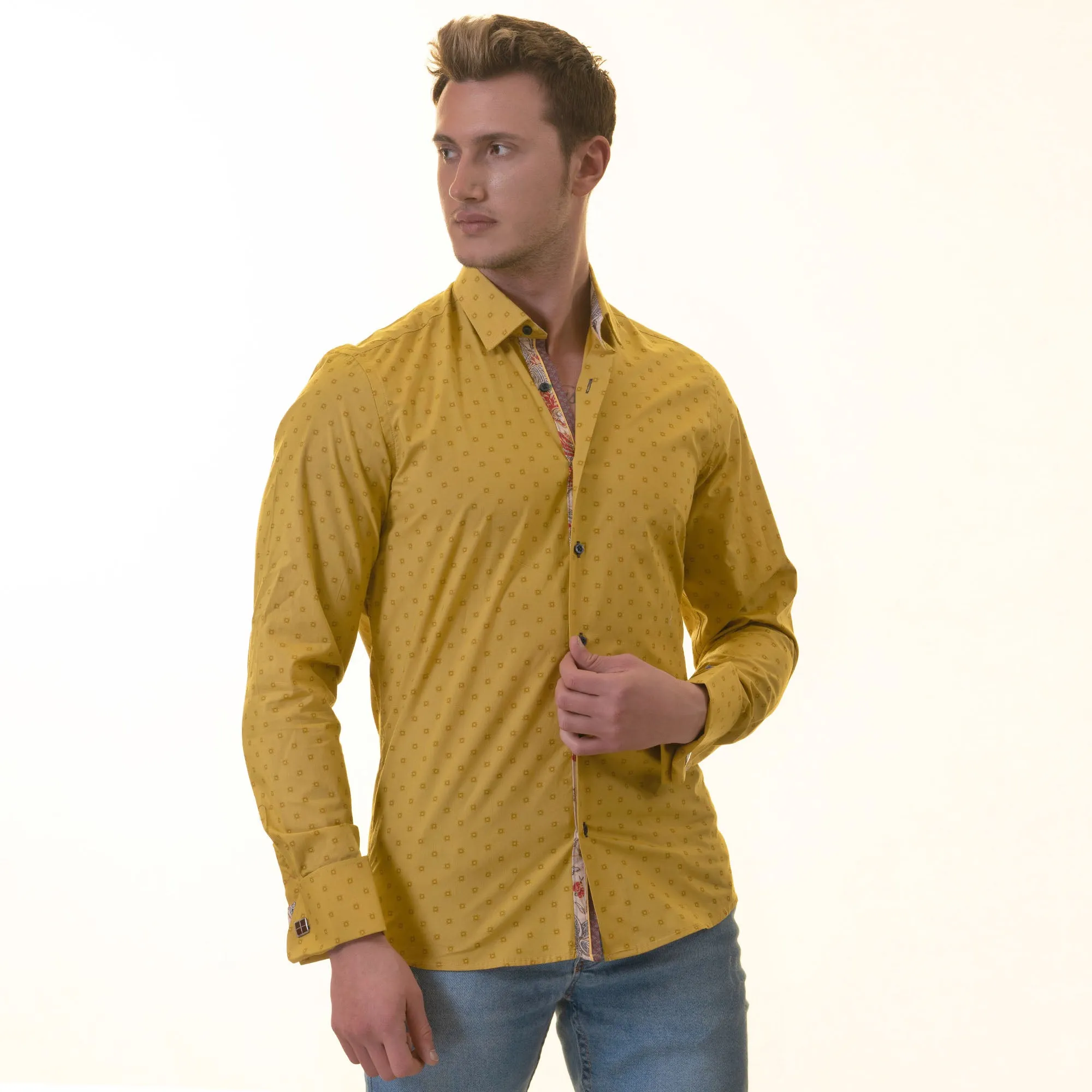 Mustard Printed inside Paisley Mens Slim Fit Designer French Cuff