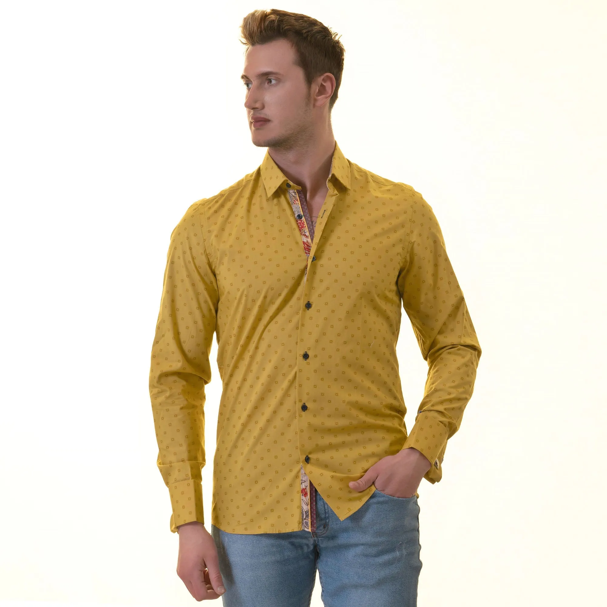Mustard Printed inside Paisley Mens Slim Fit Designer French Cuff