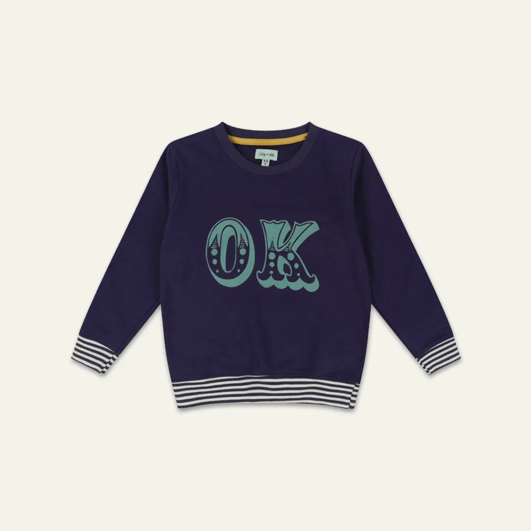 Navy Ok Slogan Print Sweatshirt