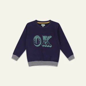 Navy Ok Slogan Print Sweatshirt