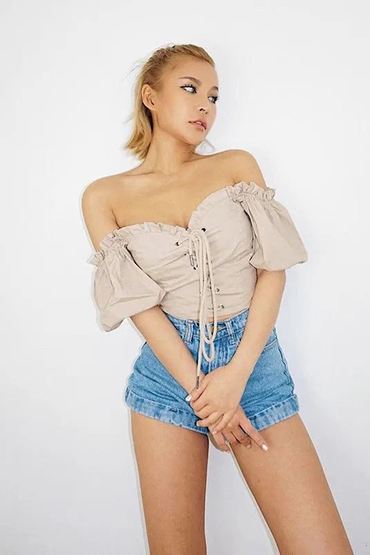 Off Shoulder Puff Sleeve Lace Up Tops Shirt