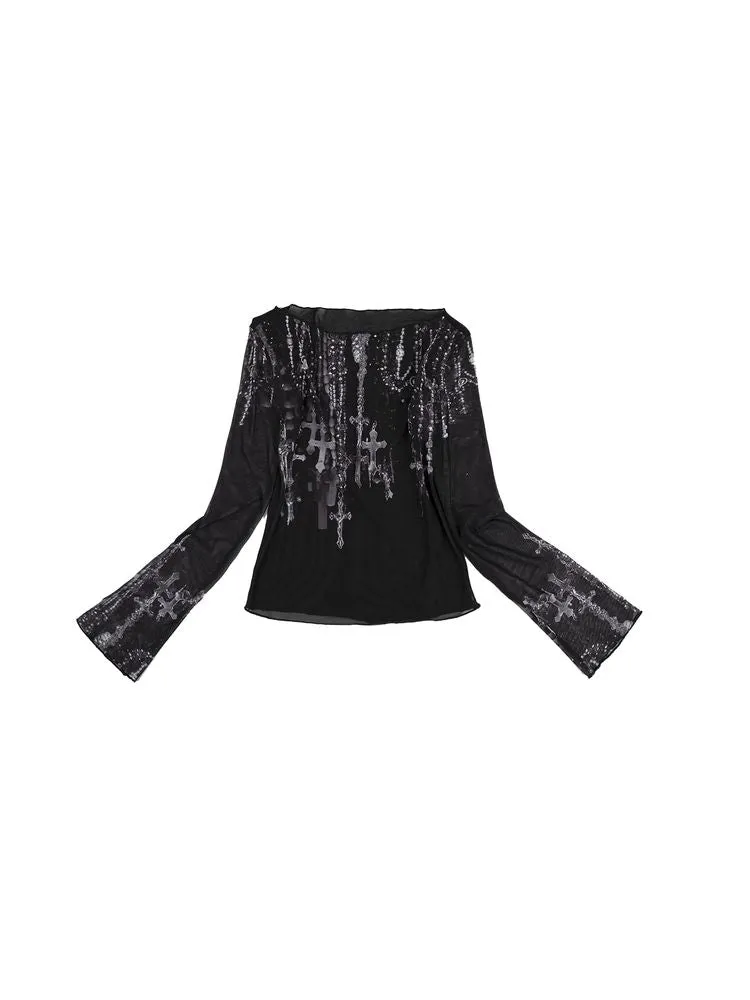 off shoulder special print shirt