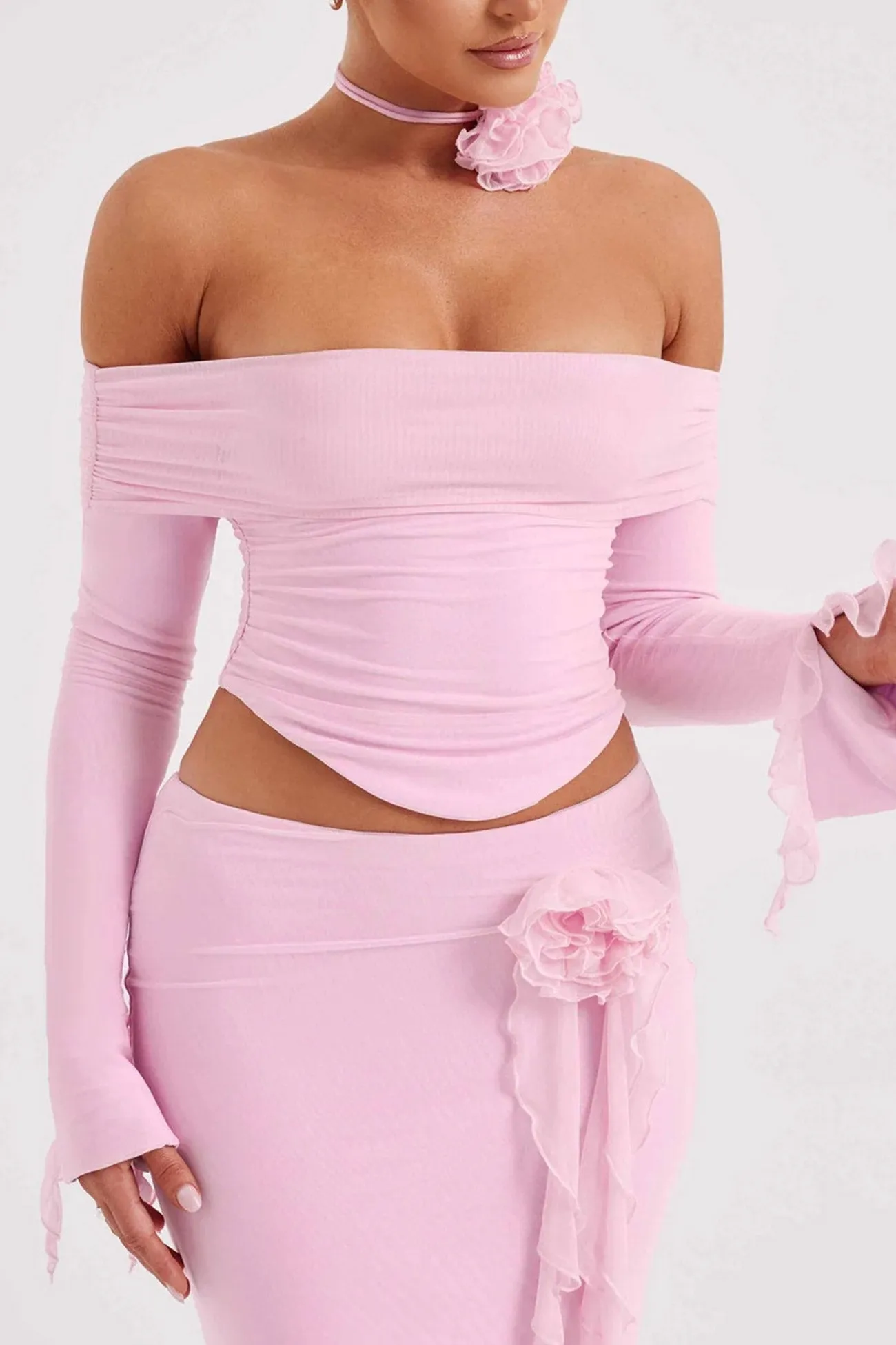 Off-Shoulder Tops Floral Ribbon Midi Skirt Suits