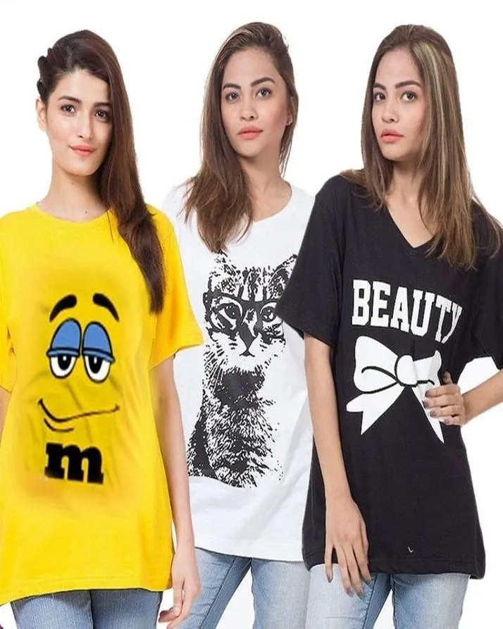 Pack of 3 - Multicolor Cotton Printed T-Shirt For Her