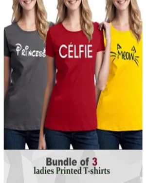 Pack Of 3 - Red Grey and Yellow Cotton Printed Tshirt For Women