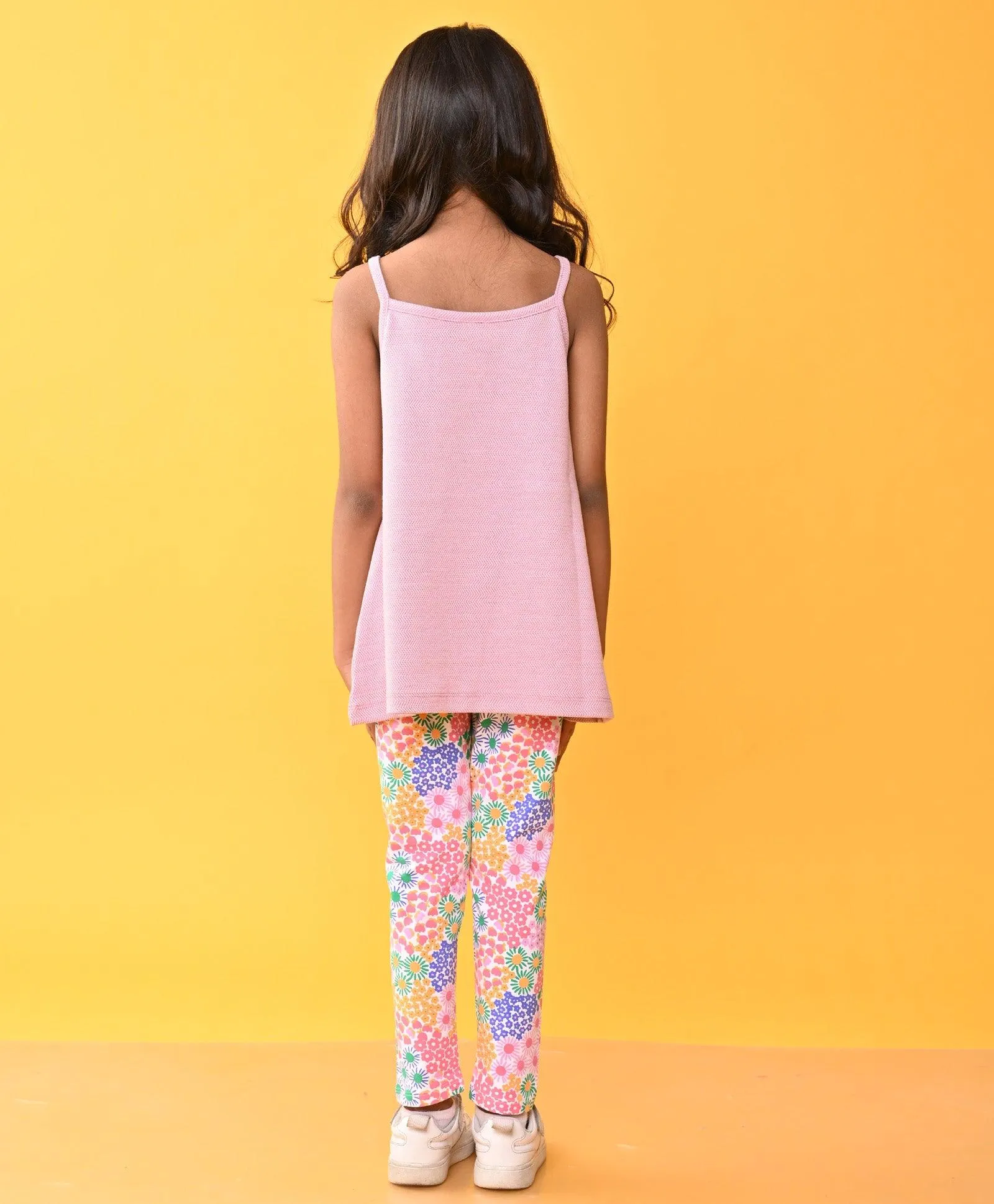 PINK HEART STAP TOP FLORAL LEGGINGS SET - PINK