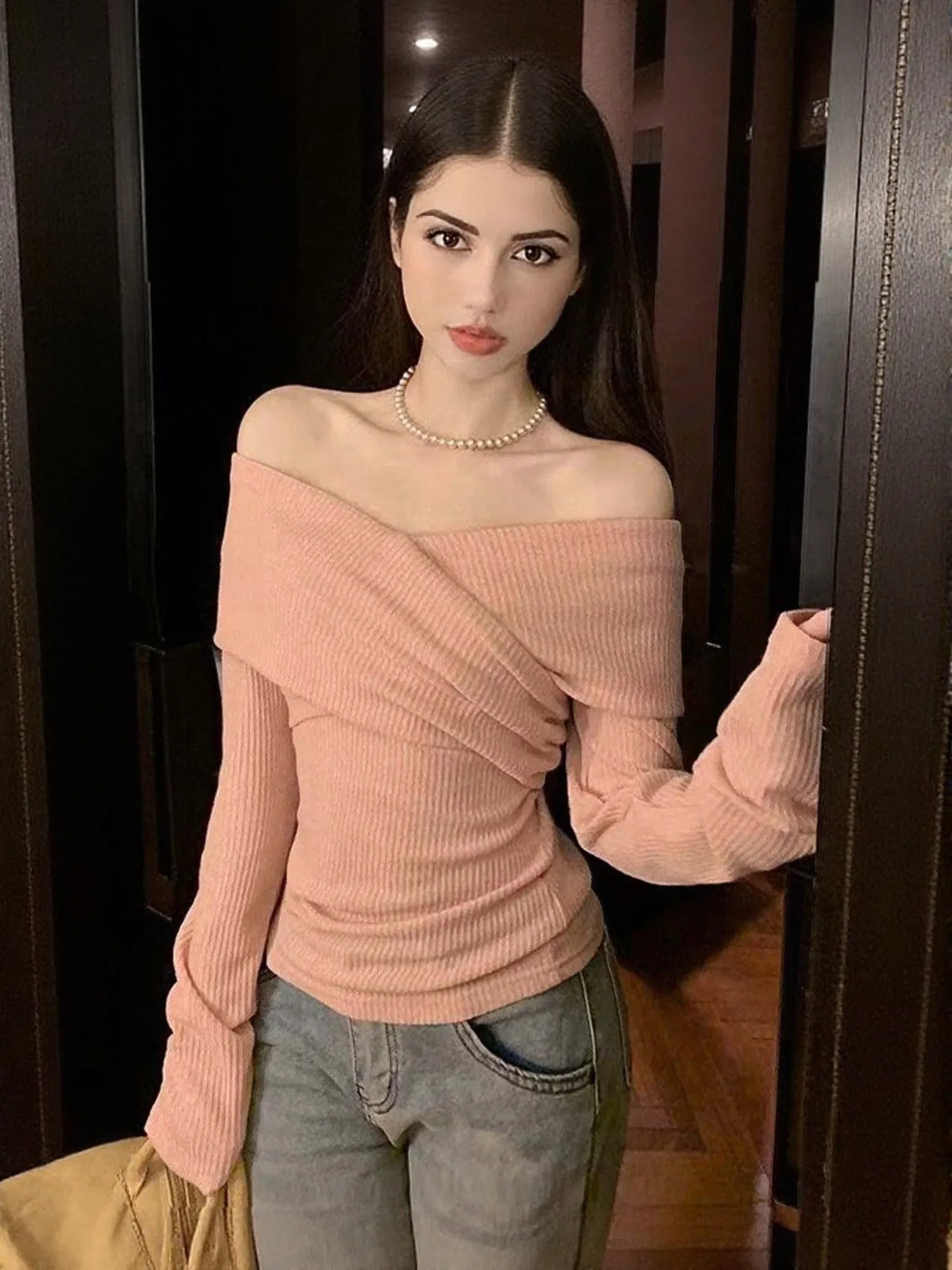 Pink Off-Shoulder Ribbed Knit Top