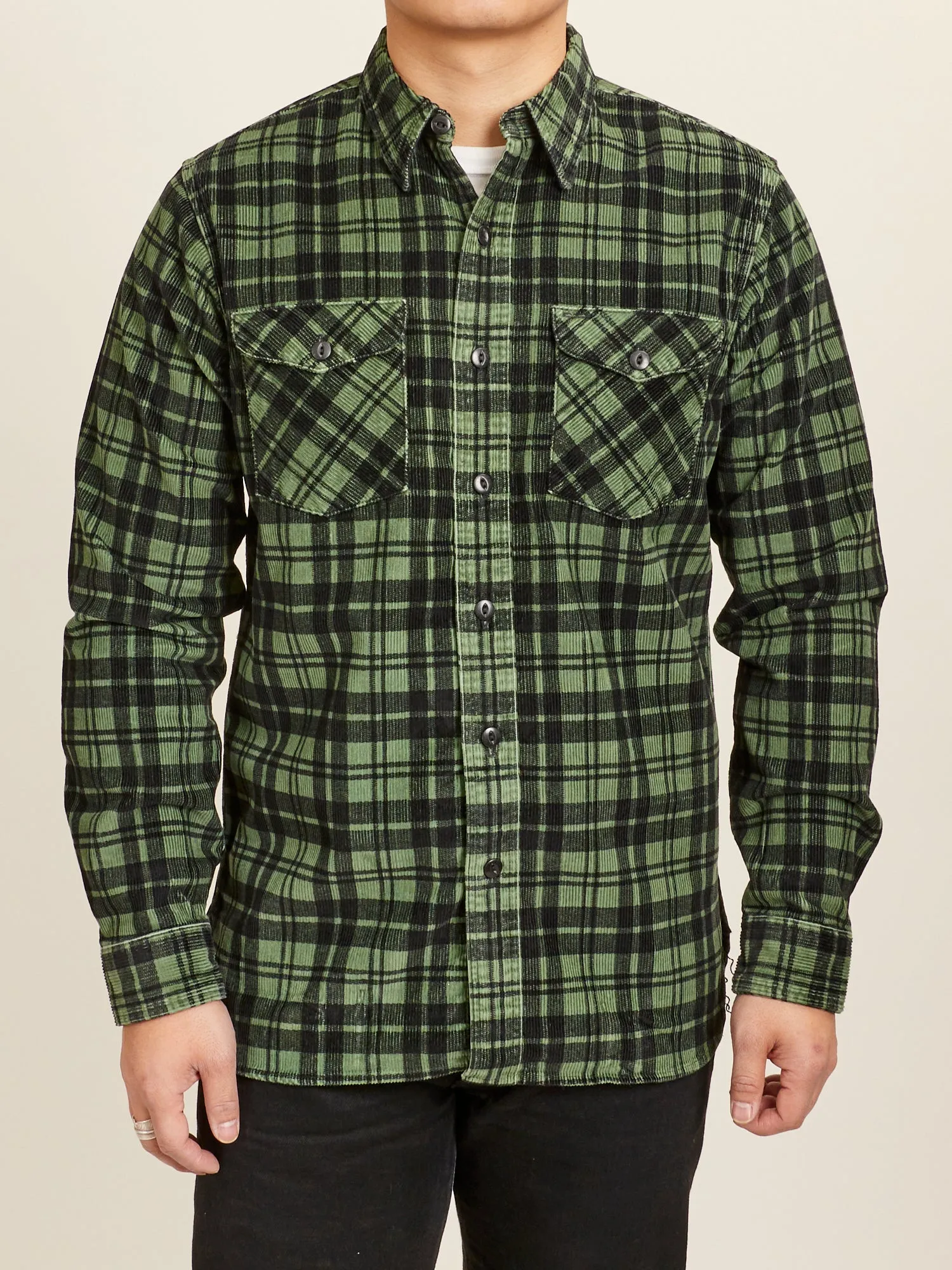 Printed Corduroy Work Shirt in Green/Black