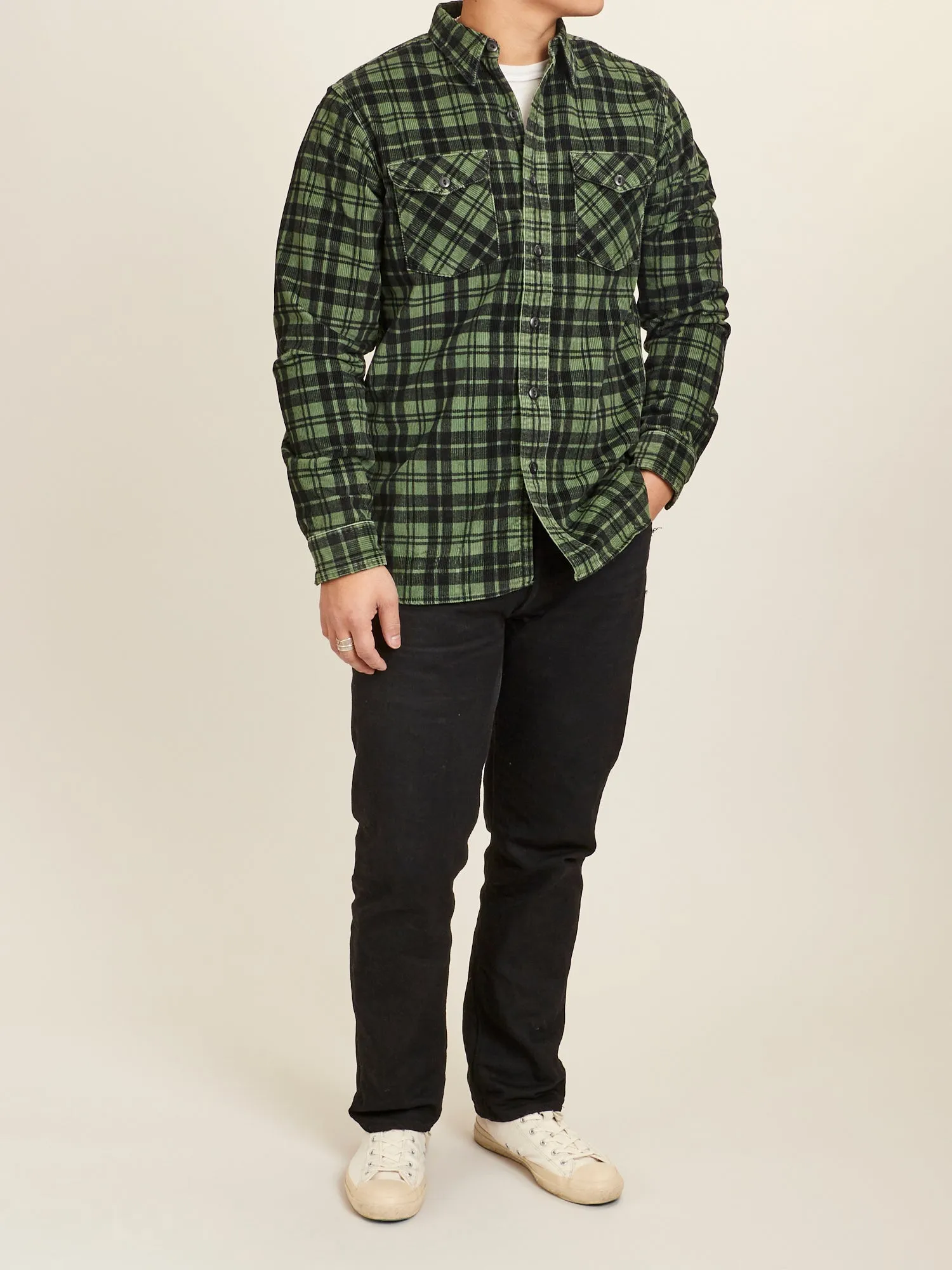 Printed Corduroy Work Shirt in Green/Black