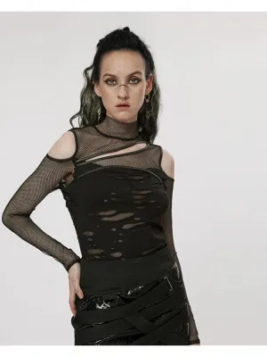 punk mesh off-shoulder long-sleeved T-shirt