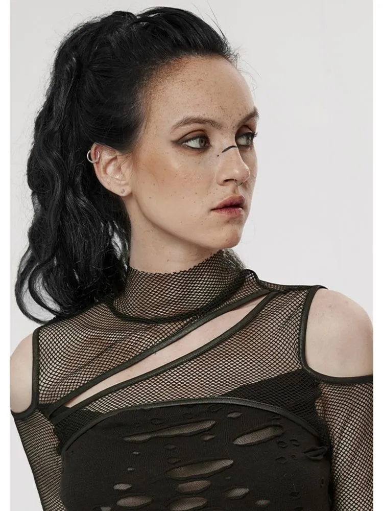 punk mesh off-shoulder long-sleeved T-shirt