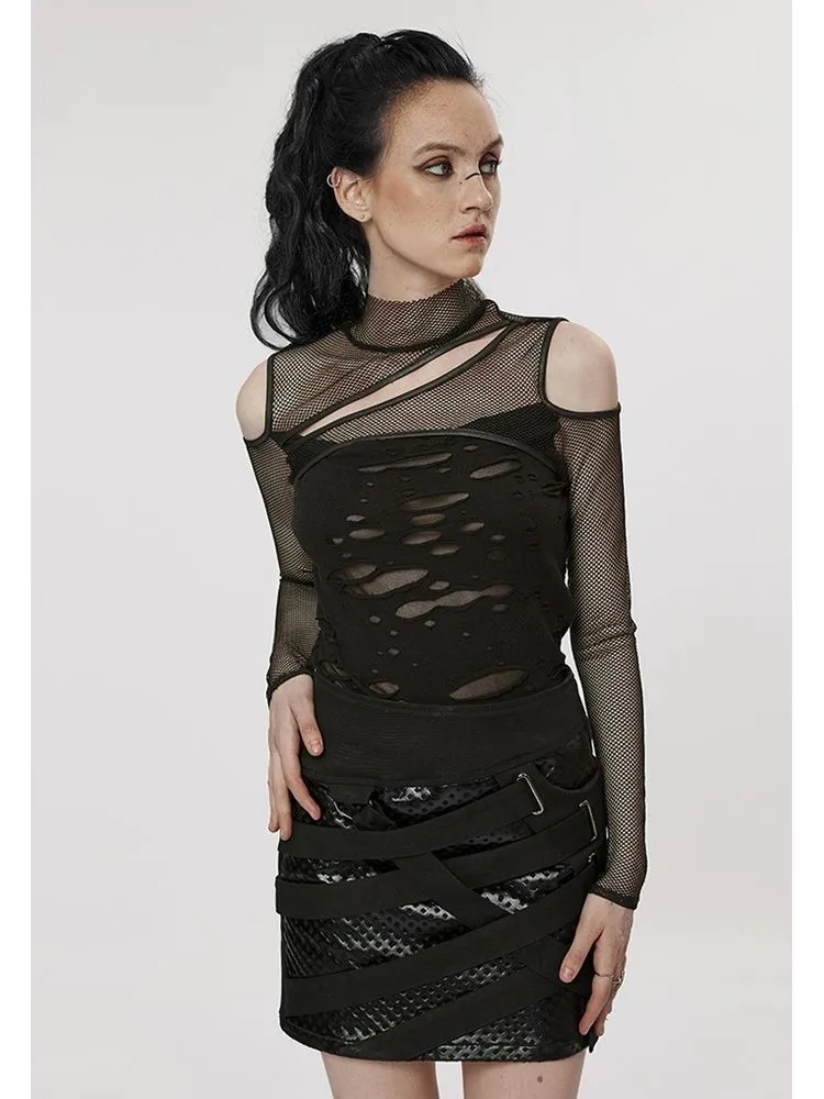 punk mesh off-shoulder long-sleeved T-shirt