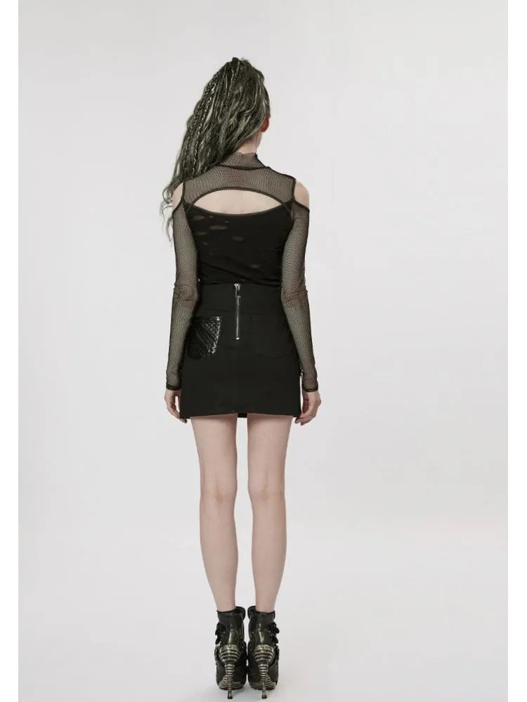 punk mesh off-shoulder long-sleeved T-shirt