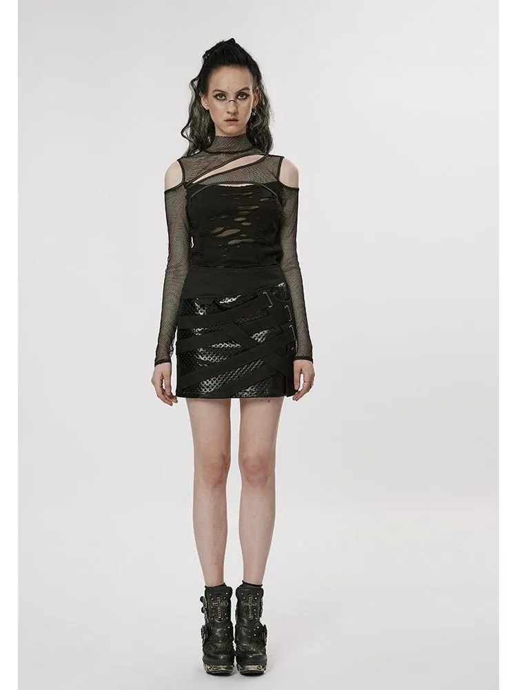 punk mesh off-shoulder long-sleeved T-shirt