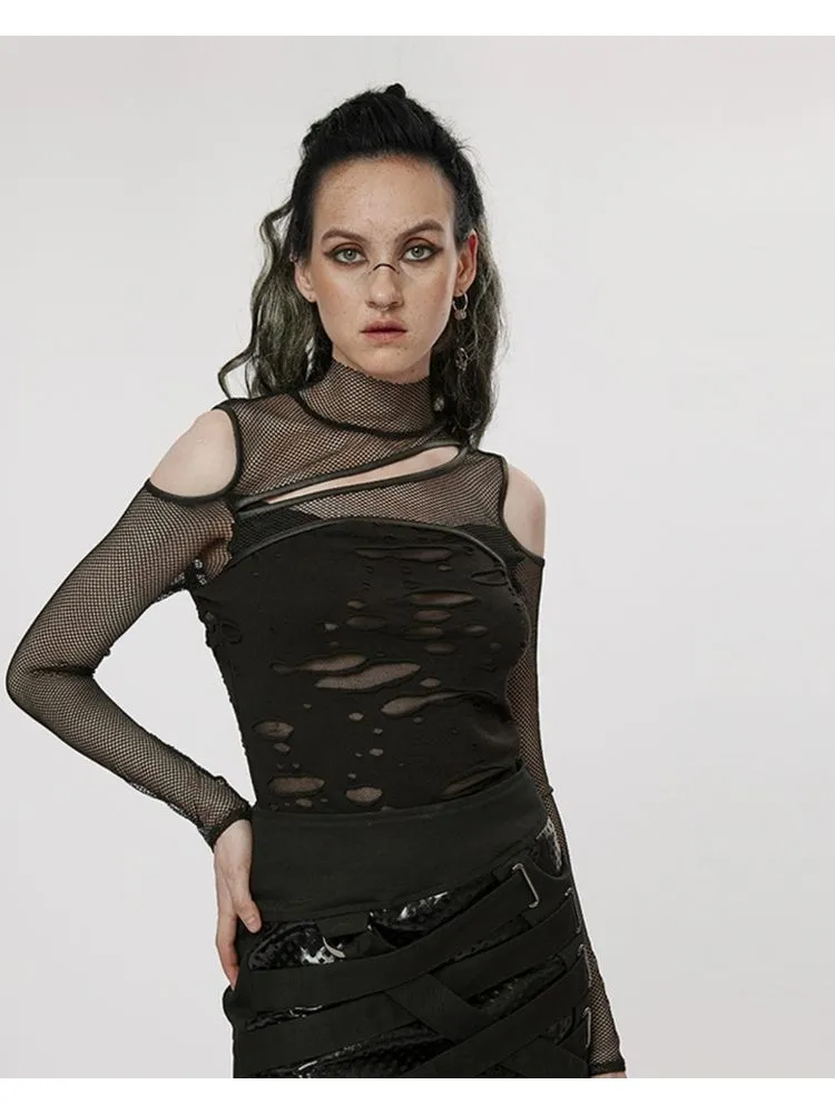 punk mesh off-shoulder long-sleeved T-shirt