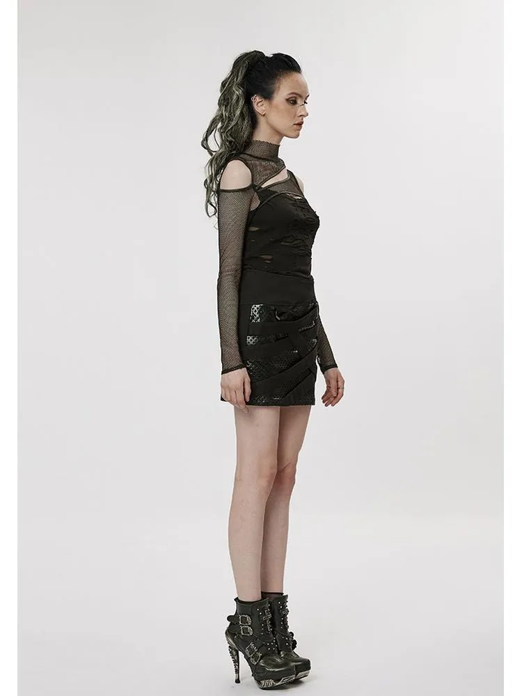 punk mesh off-shoulder long-sleeved T-shirt