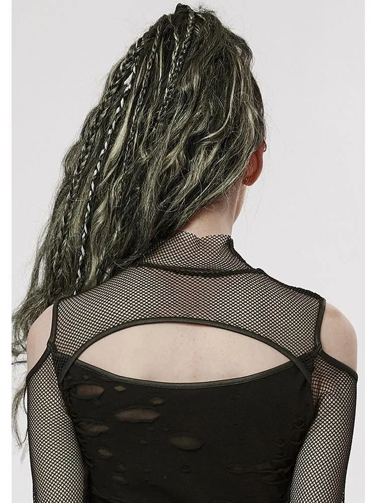 punk mesh off-shoulder long-sleeved T-shirt