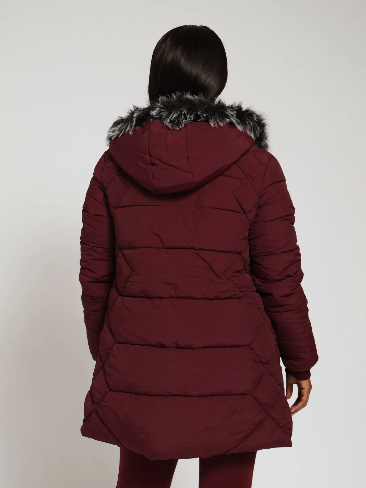 Quilted Puffer Jacket With Zip Detail & Detachable Hoody - Wine