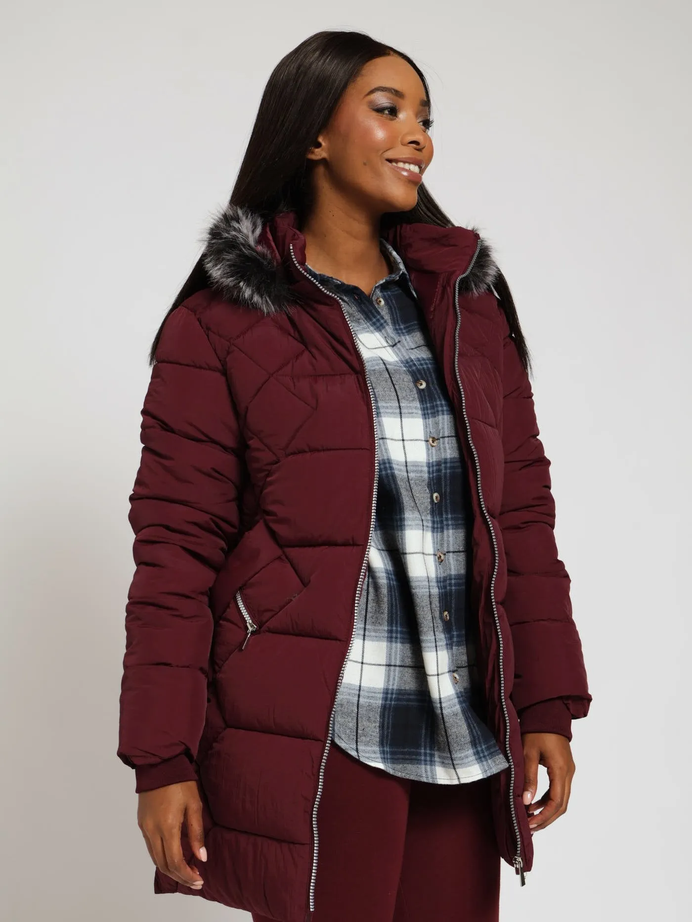 Quilted Puffer Jacket With Zip Detail & Detachable Hoody - Wine