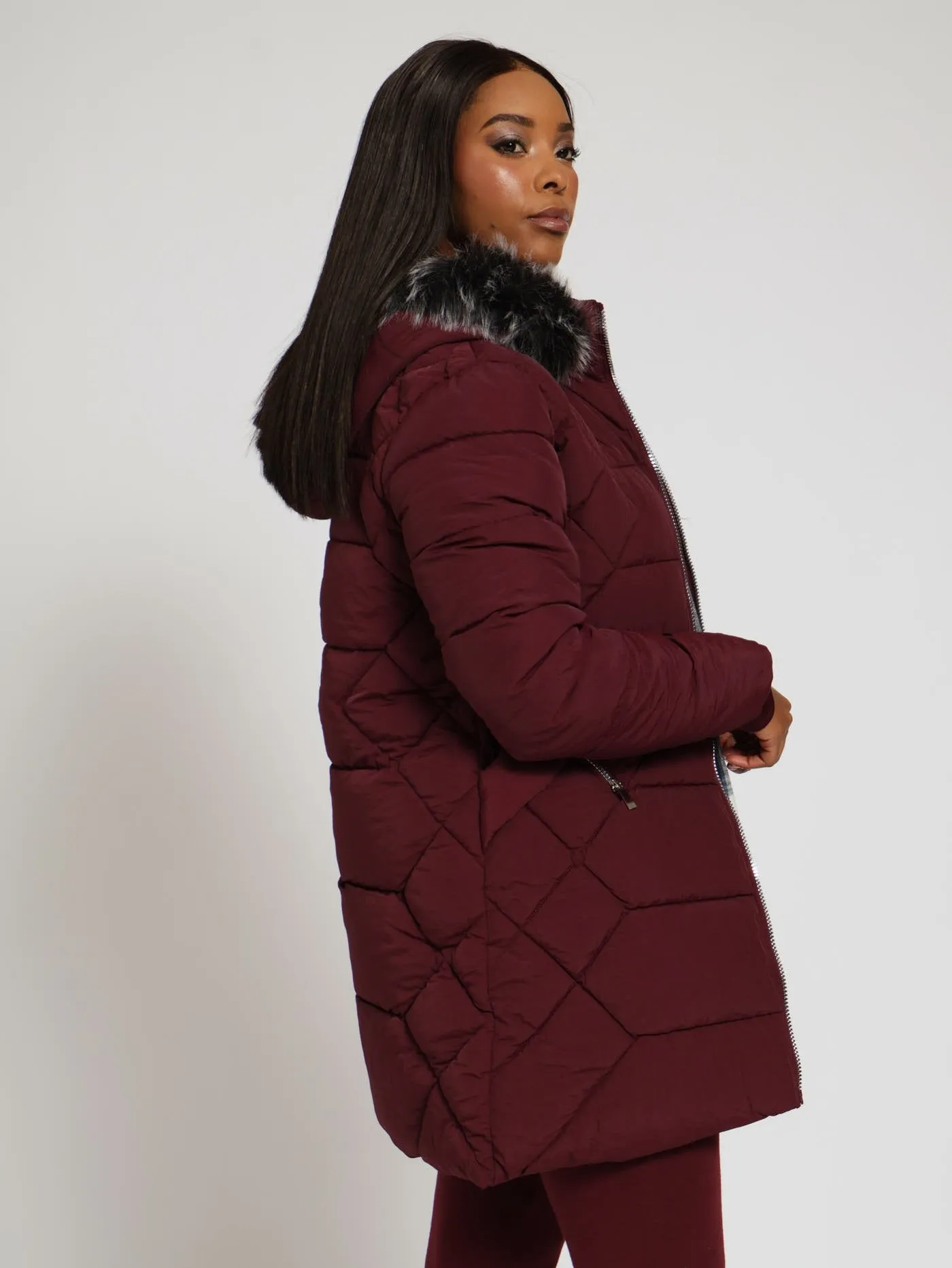 Quilted Puffer Jacket With Zip Detail & Detachable Hoody - Wine