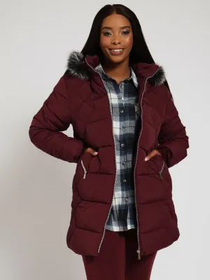 Quilted Puffer Jacket With Zip Detail & Detachable Hoody - Wine
