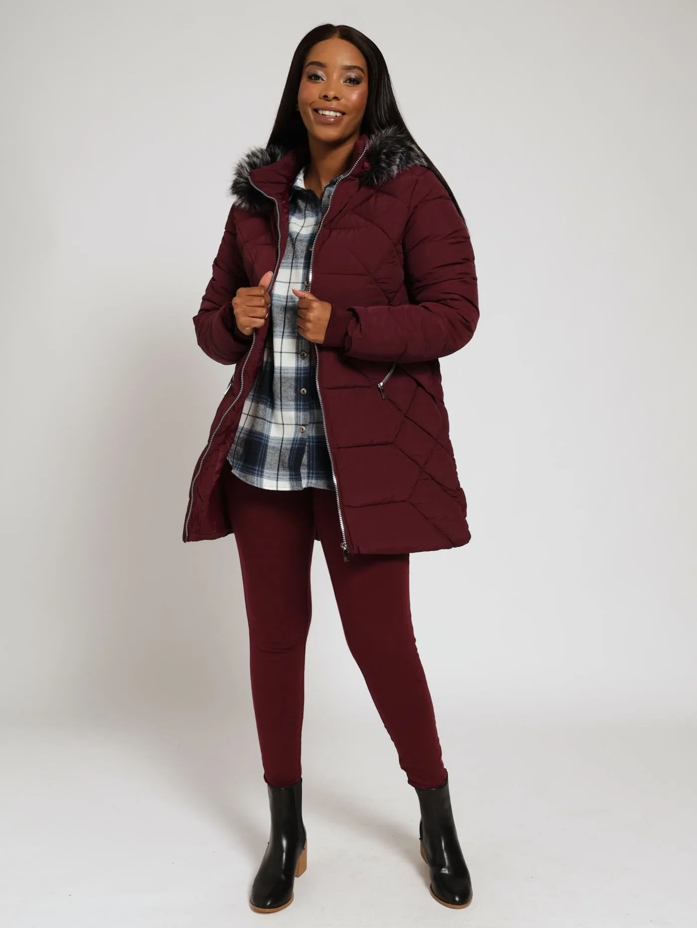 Quilted Puffer Jacket With Zip Detail & Detachable Hoody - Wine