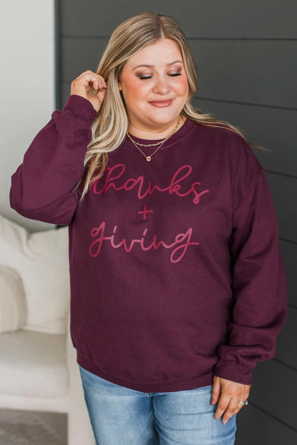 "Thanks   Giving" Crew Neck Pullover- Maroon