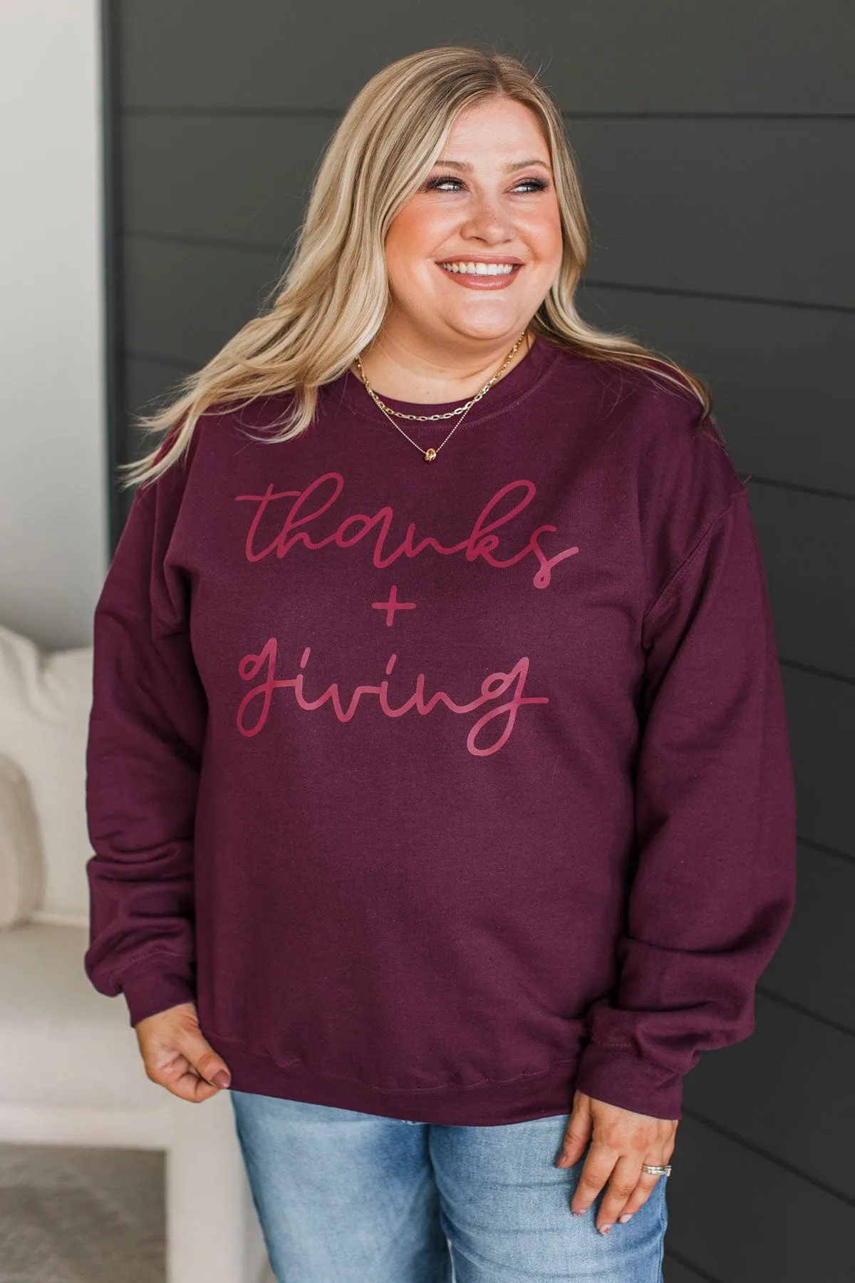 "Thanks   Giving" Crew Neck Pullover- Maroon