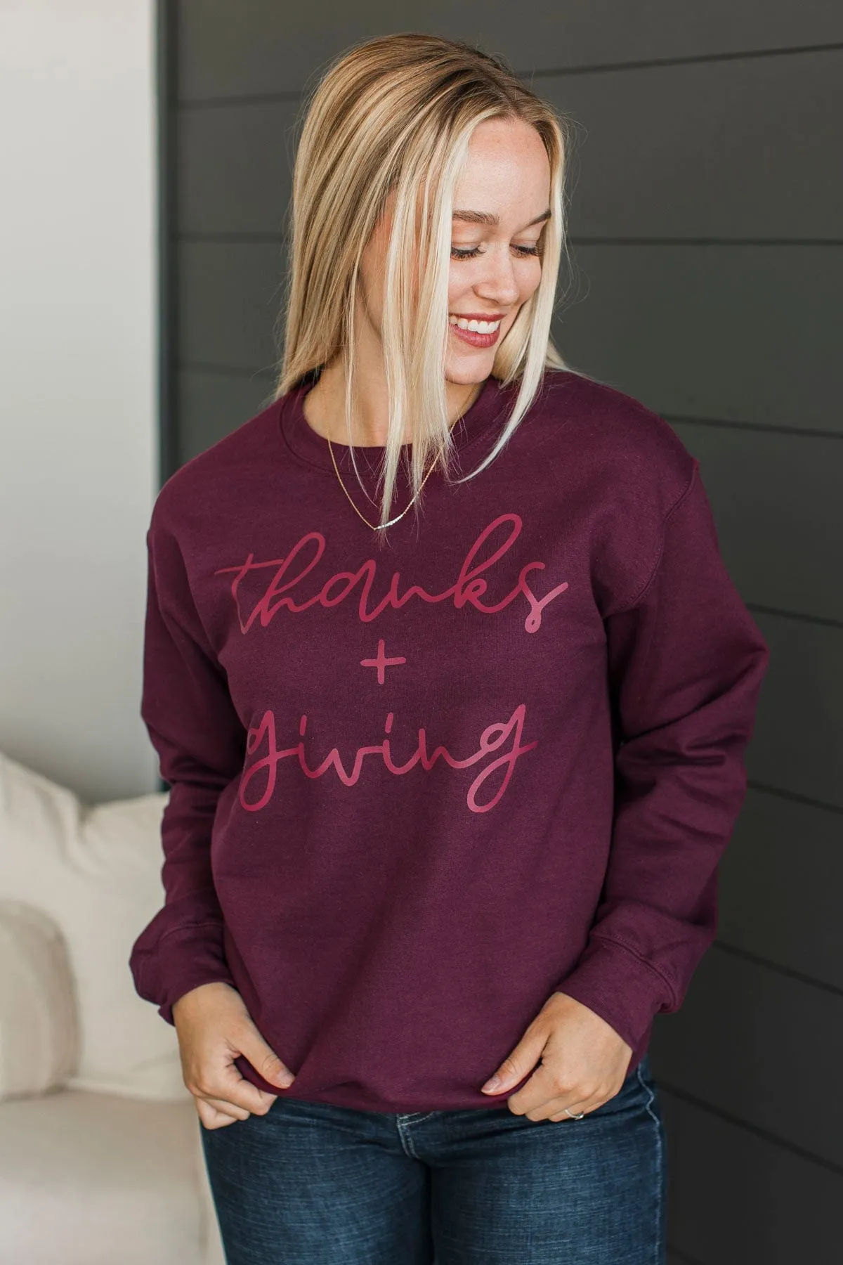 "Thanks   Giving" Crew Neck Pullover- Maroon