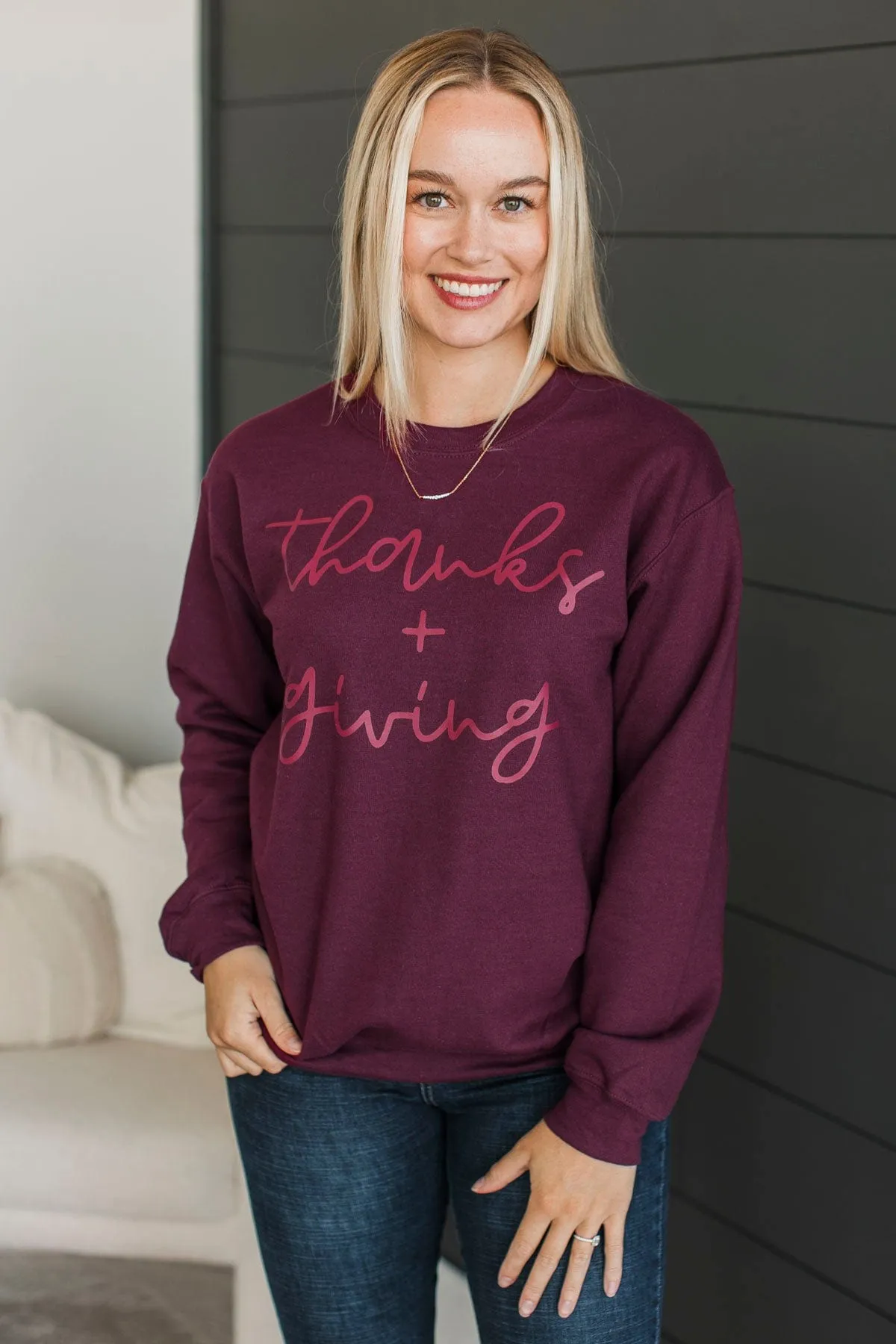 "Thanks   Giving" Crew Neck Pullover- Maroon
