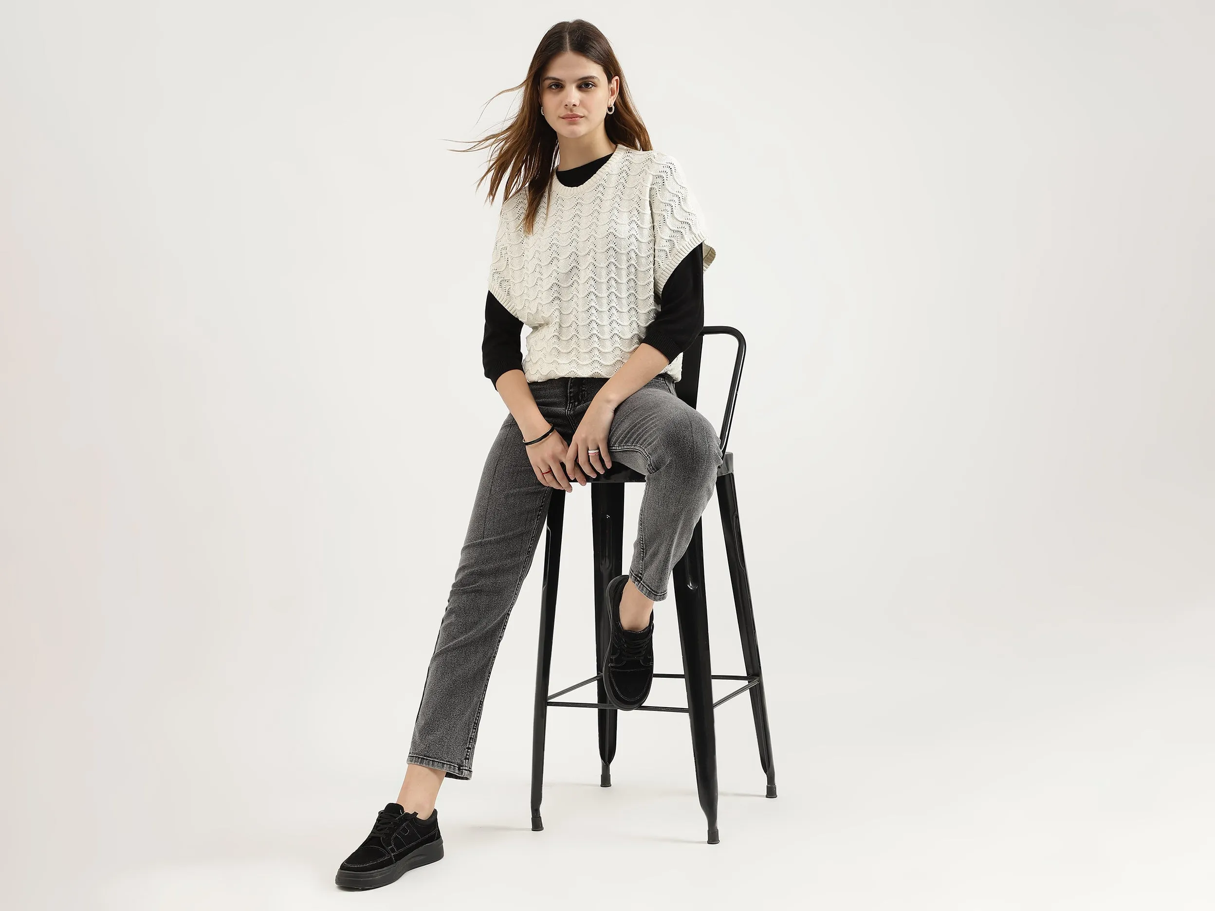 Regular Fit Round Neck Woven Design Tops