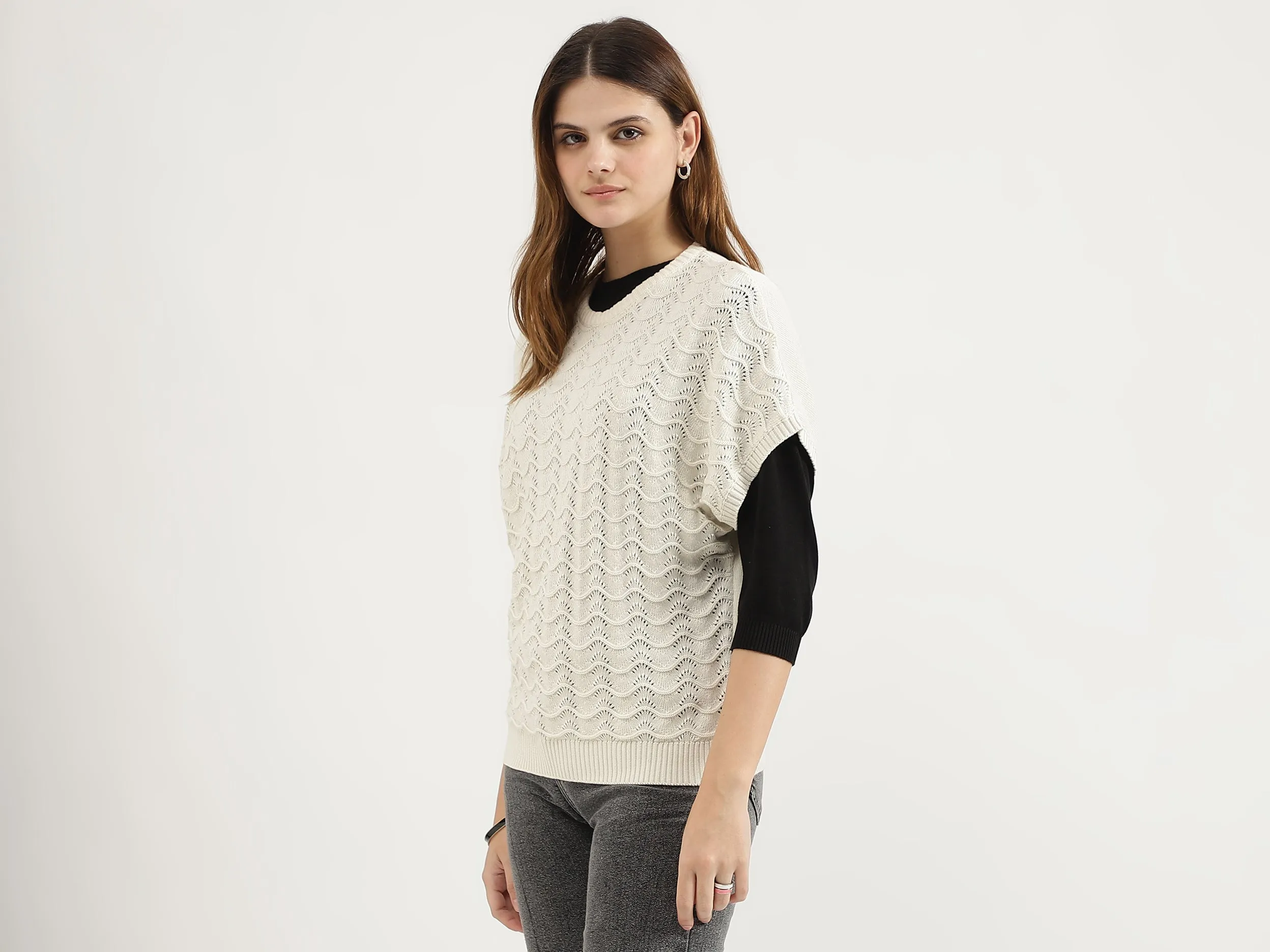 Regular Fit Round Neck Woven Design Tops