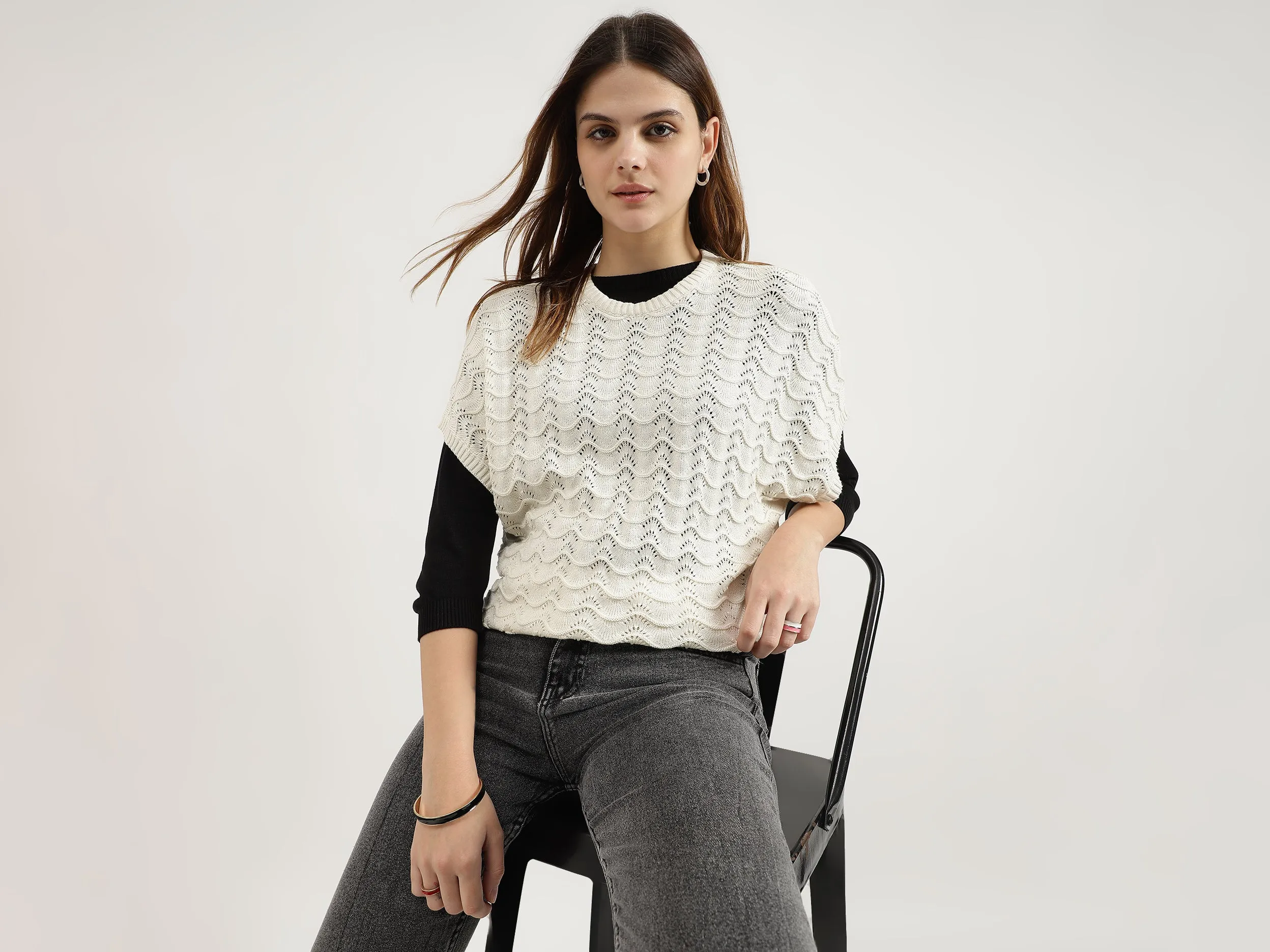 Regular Fit Round Neck Woven Design Tops