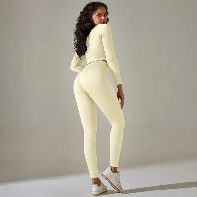 Ribbed Seamless Yoga Set for Women - Long Sleeve Crop Top and High Waist Leggings
