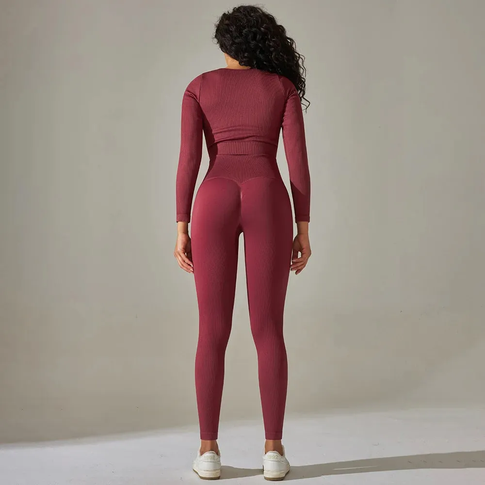 Ribbed Seamless Yoga Set for Women - Long Sleeve Crop Top and High Waist Leggings