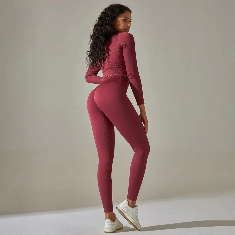 Ribbed Seamless Yoga Set for Women - Long Sleeve Crop Top and High Waist Leggings