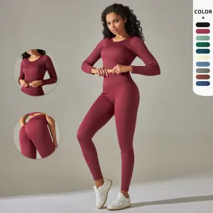 Ribbed Seamless Yoga Set for Women - Long Sleeve Crop Top and High Waist Leggings