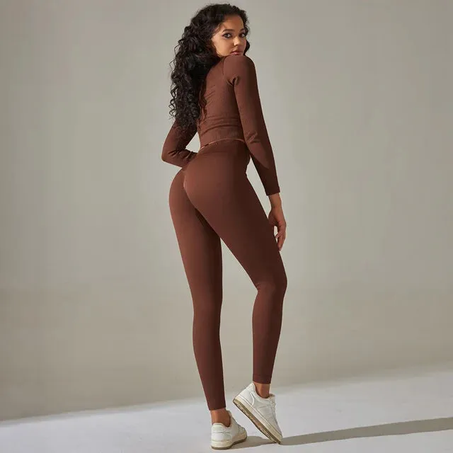 Ribbed Seamless Yoga Set for Women - Long Sleeve Crop Top and High Waist Leggings
