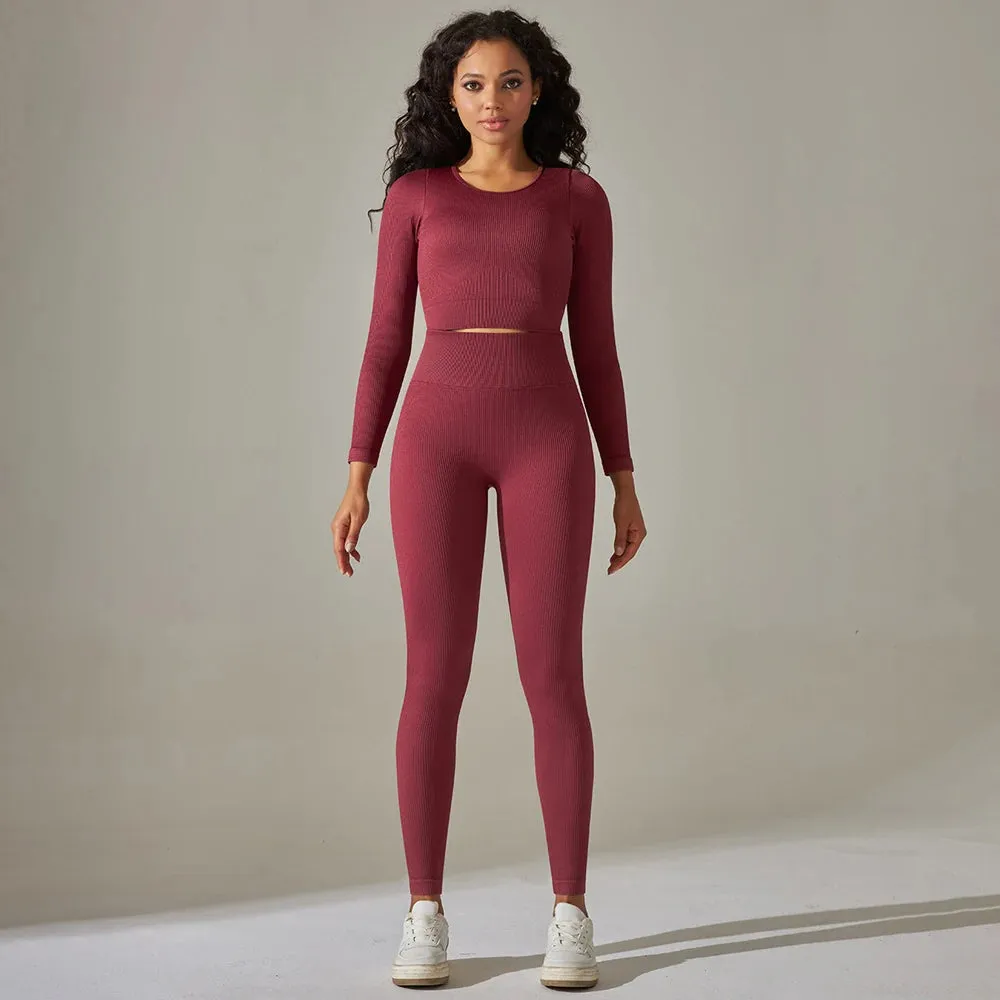 Ribbed Seamless Yoga Set for Women - Long Sleeve Crop Top and High Waist Leggings