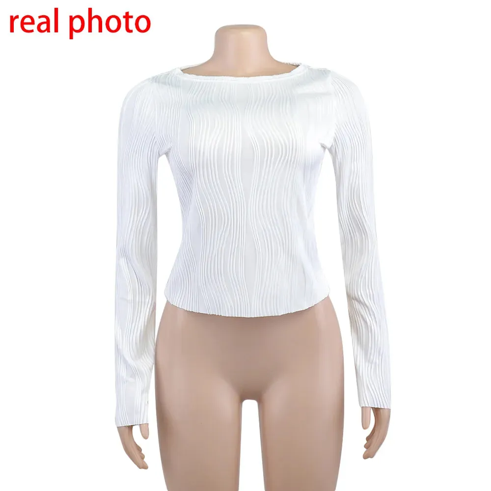 Ruched Long Sleeve T-shirts Women Crop Top