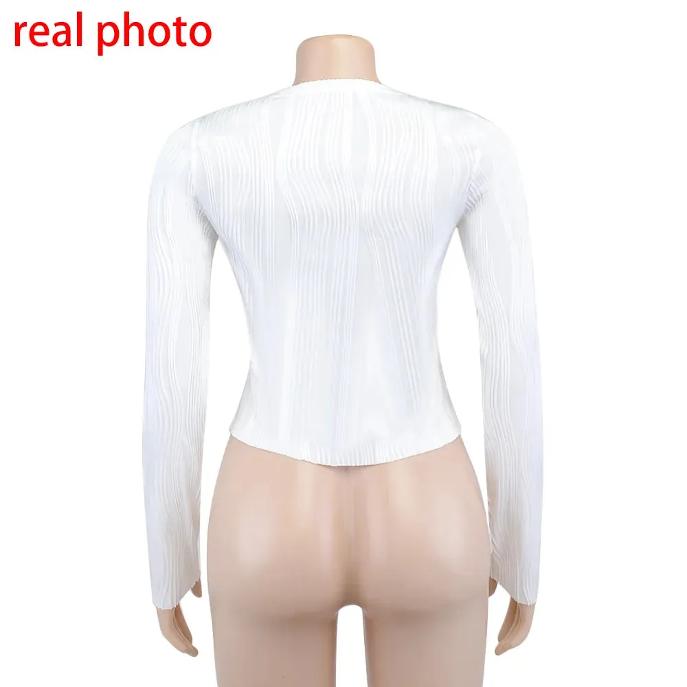 Ruched Long Sleeve T-shirts Women Crop Top