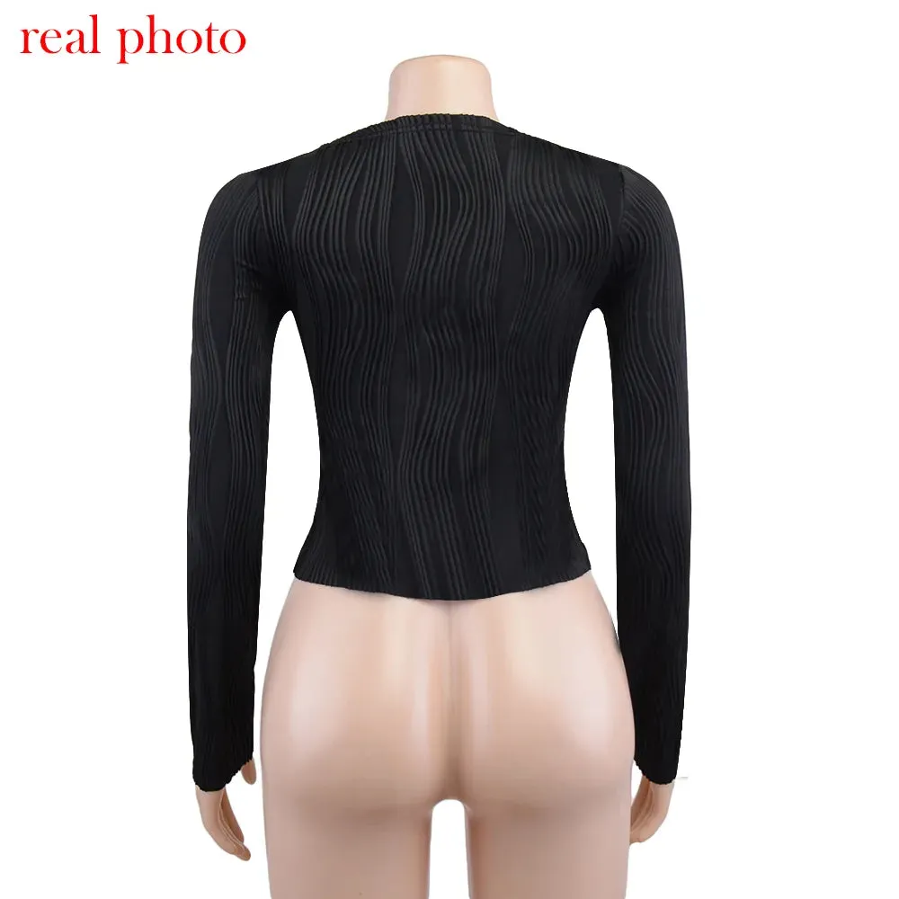 Ruched Long Sleeve T-shirts Women Crop Top