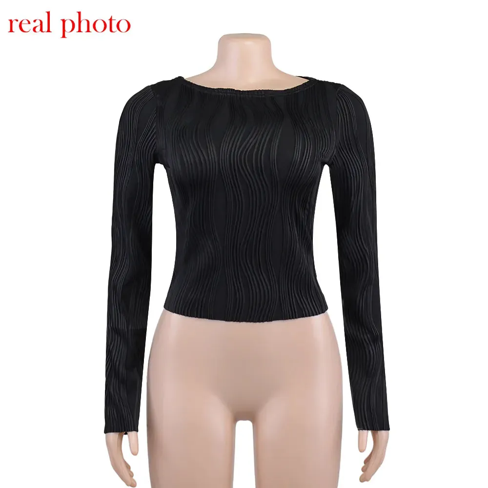 Ruched Long Sleeve T-shirts Women Crop Top