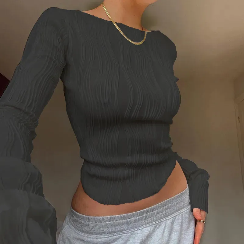 Ruched Long Sleeve T-shirts Women Crop Top