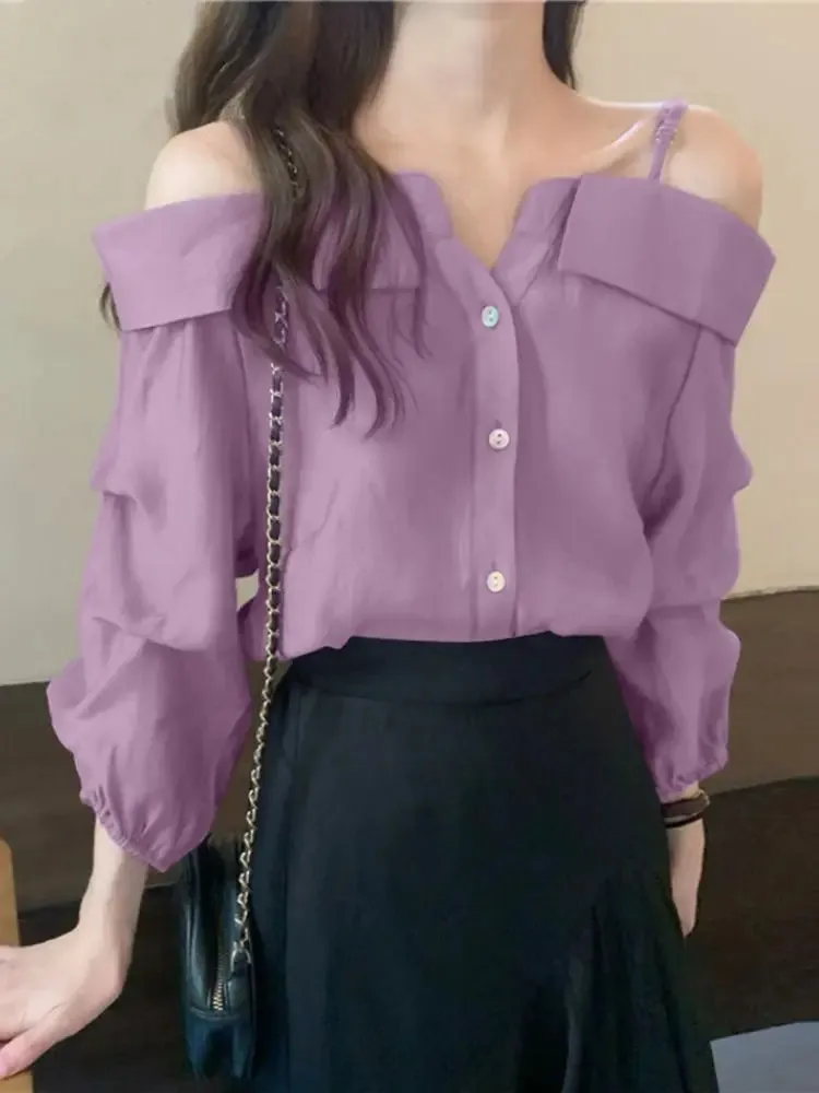 Sexy Casual Tops with Button Straps - Off-Shoulder Blouse
