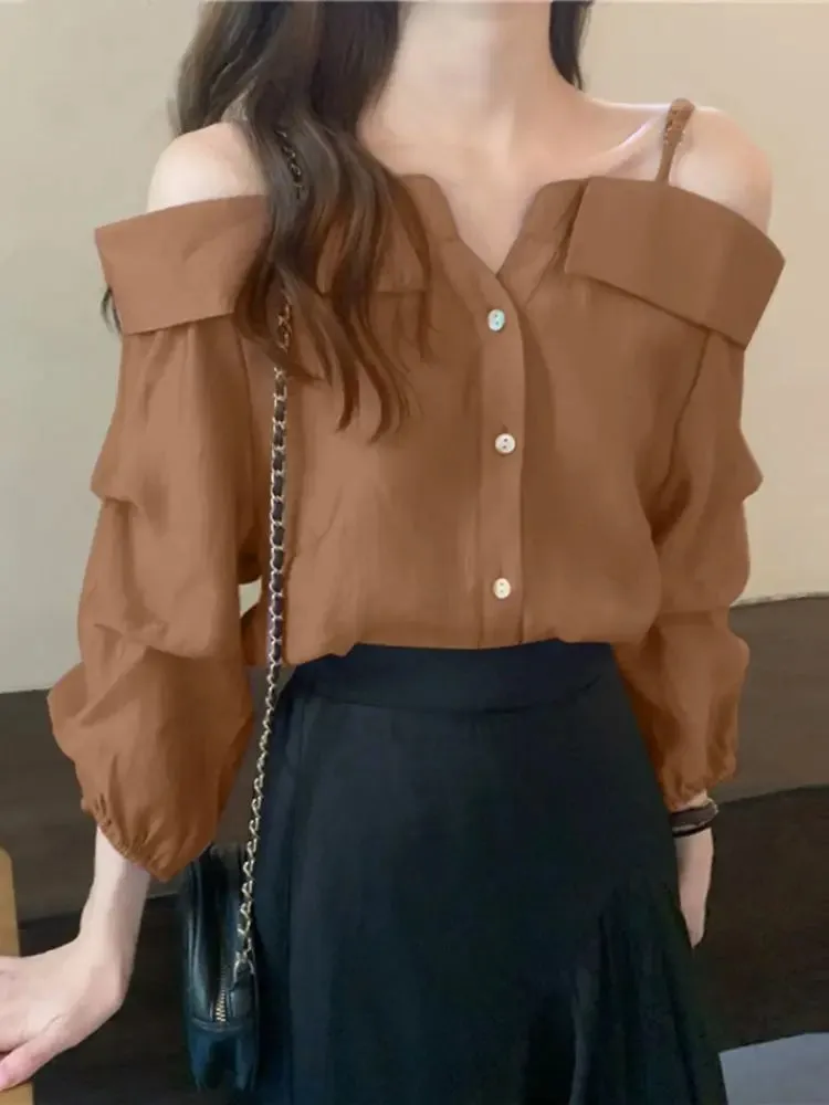 Sexy Casual Tops with Button Straps - Off-Shoulder Blouse