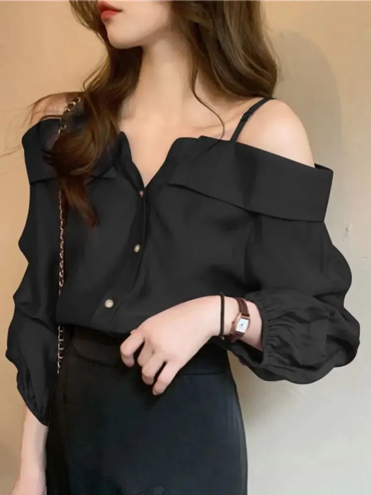 Sexy Casual Tops with Button Straps - Off-Shoulder Blouse