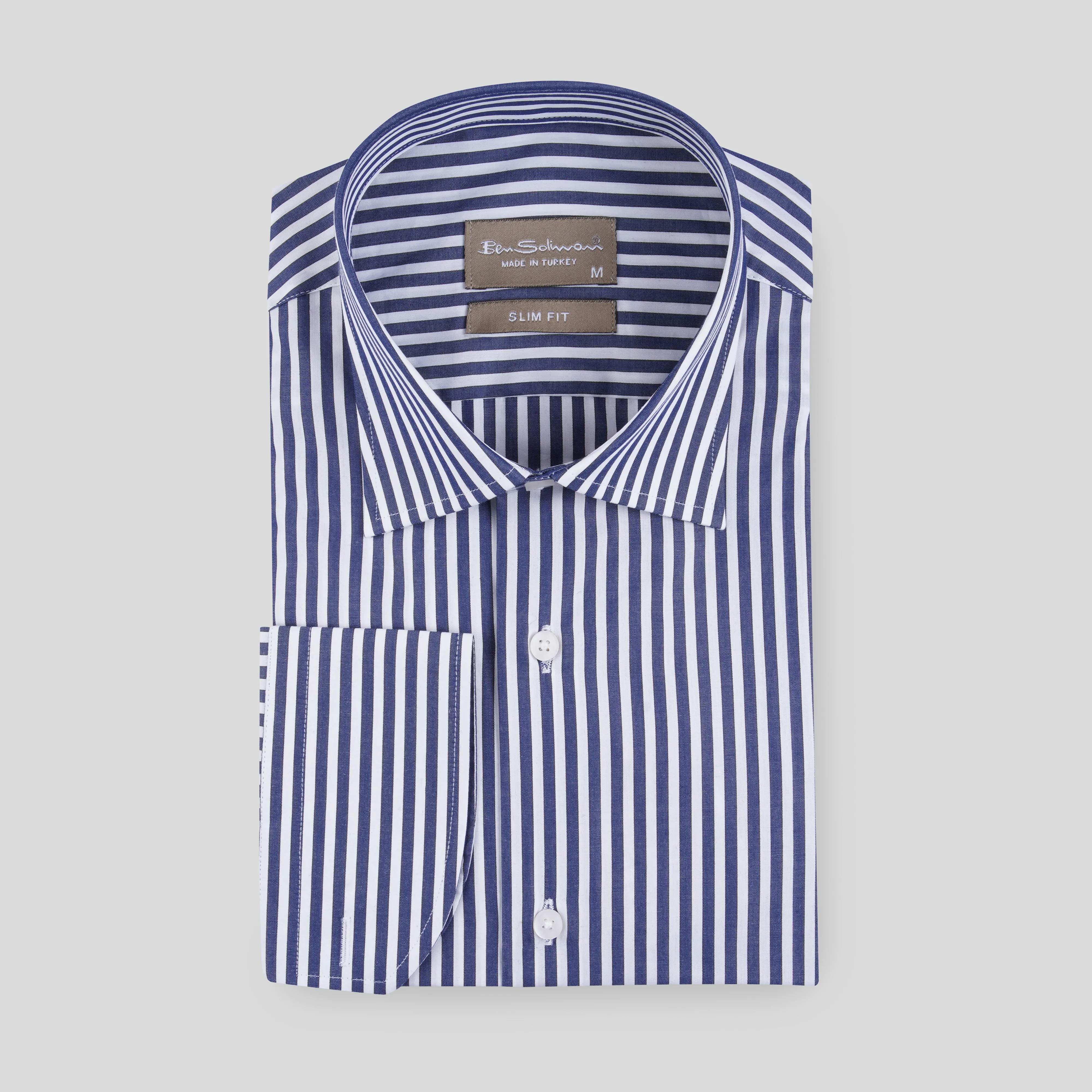 Slim Fit Cotton Shirt - Pinstipes Navy - Turkish Made